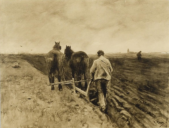 Een ploegende boer met een houten ploeg.
